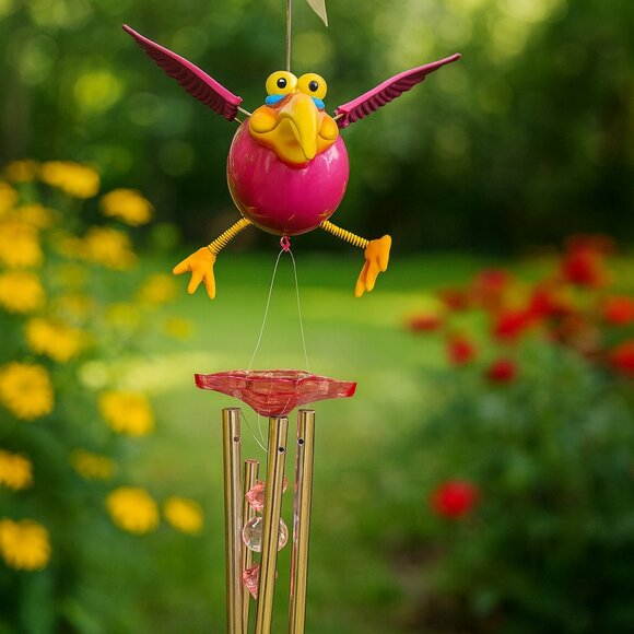 Exhart Windy Wing Song Bird Red DoDo Hanging Wind Chimes Pink Red 22in Garden NW - Picture 1 of 9
